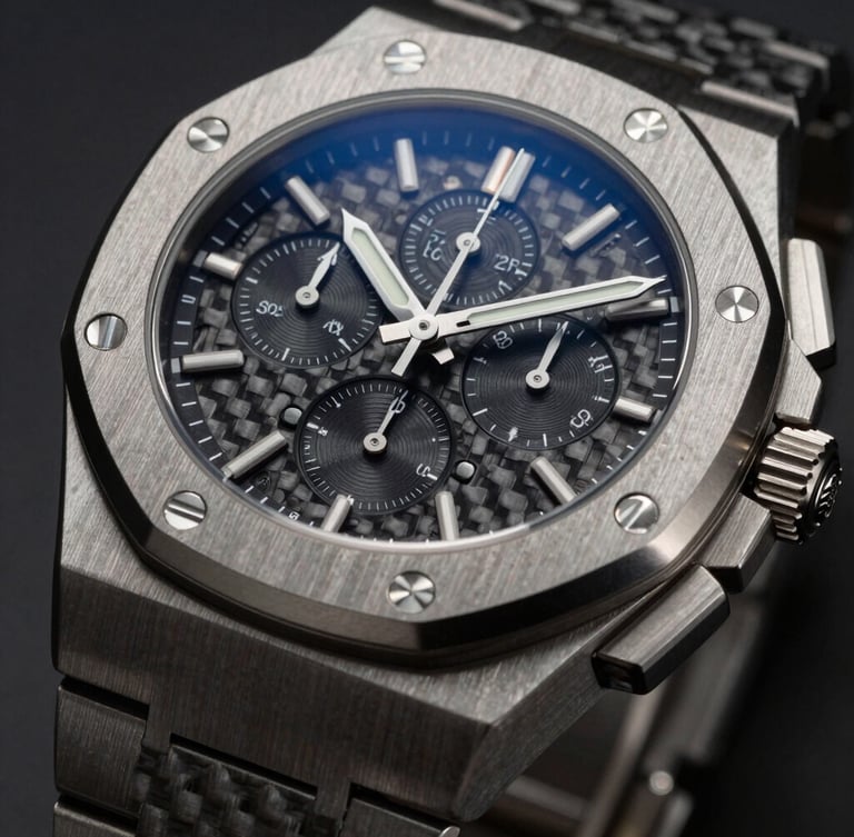 A close-up of a high-end mechanical chronograph watch, brushed titanium case, dark carbon fiber dial, low-key dramatic lighting with cool silver undertones.