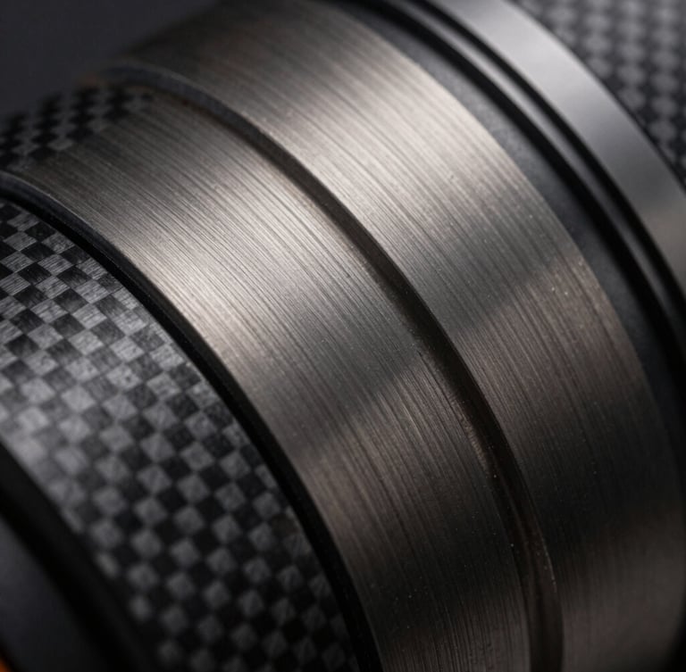 Extreme close-up of dark brushed titanium and carbon fiber textures, sharp diagonal lines, high-contrast studio lighting with cool undertones, sterile precision