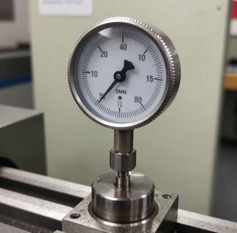 Close-up of a dial indicator measuring tolerance on a metal lathe spindle, bright workshop lighting, sharp focus on the gauge, realistic metallic textures, 35mm