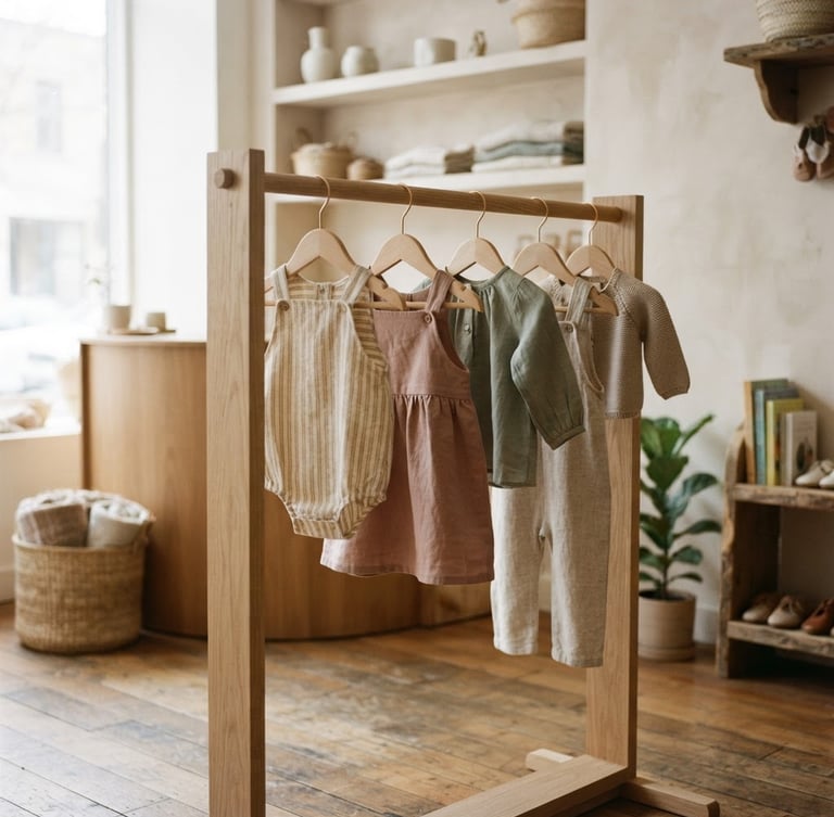 A warm editorial photograph of a high-end boutique interior with soft natural daylight, minimalist wooden hangers holding linen children garments, warm neutral tones, nostalgic 35mm film look.