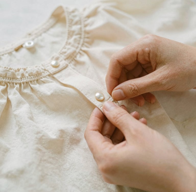 Close-up of hands sewing a delicate collar on a soft ivory linen child's blouse, mother-of-pearl buttons visible, warm diffused natural light, shallow depth of field.
