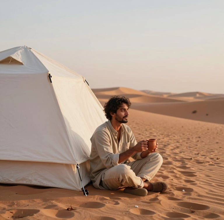 A warm environmental portrait of a modern traveler sitting by a minimalist canvas tent in the Kutch desert during golden hour, holding a clay tea cup, soft focus background.