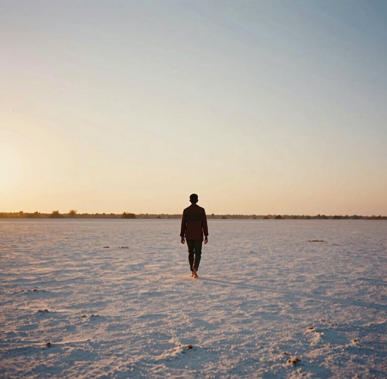 Cinematic 35mm photograph of a solitary traveler walking on the vast white salt desert of Kutch at twilight, warm golden-hour light casting long shadows, minimalist composition.