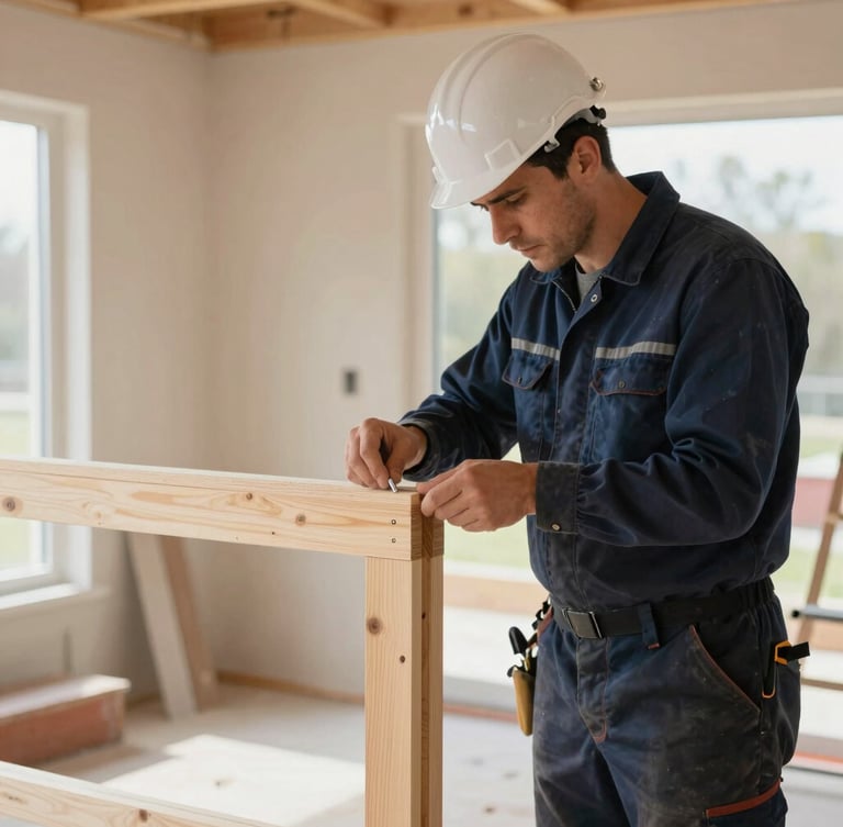 A professional remodeler in safety gear carefully aligning a custom wood joint on a residential construction site, bright daylight, sharp focus, 35mm