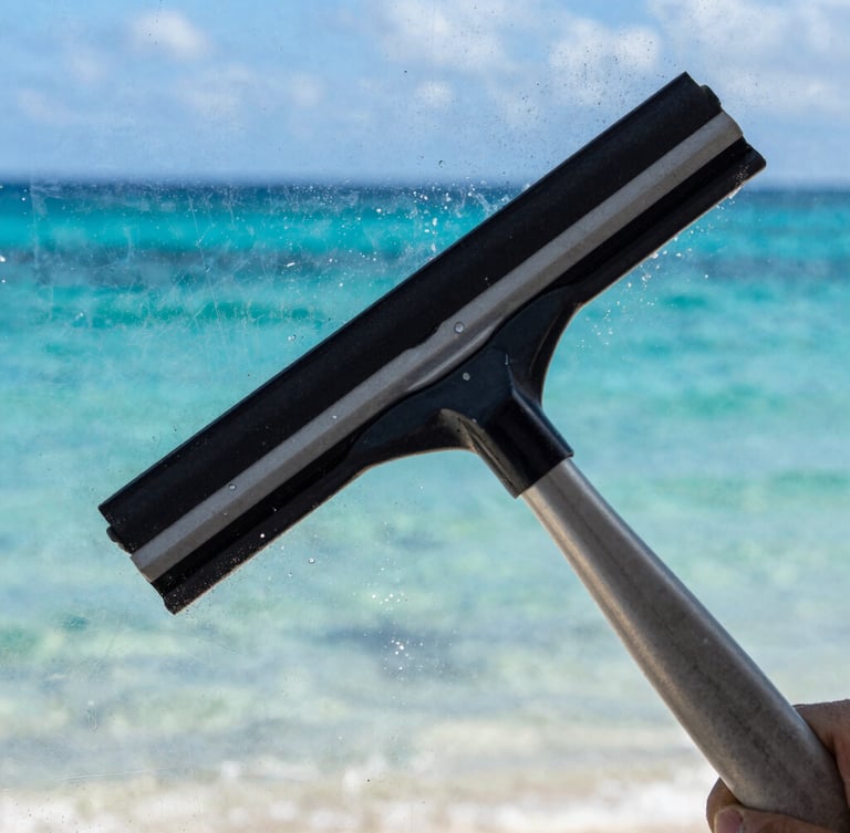 Extreme close-up of a squeegee wiping clean a salt-encrusted glass pane, revealing a sharp reflection of the turquoise Caribbean ocean, bright coastal light.
