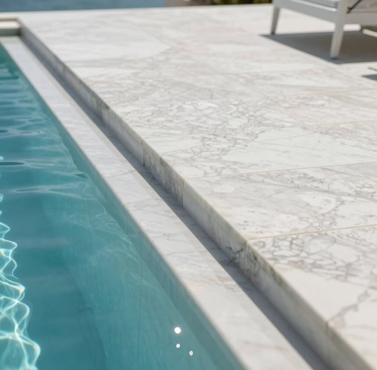 Low-angle architectural close-up of a polished marble terrace kissing a luxury pool, bright coastal sunlight creating sharp specular reflections, clean lines, pristine white stone.