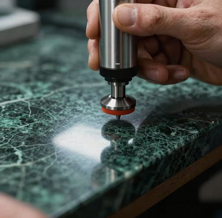 Extreme close-up of a technician's hand using a precision polishing machine on dark emerald marble, creating a sharp specular reflection of coastal light.