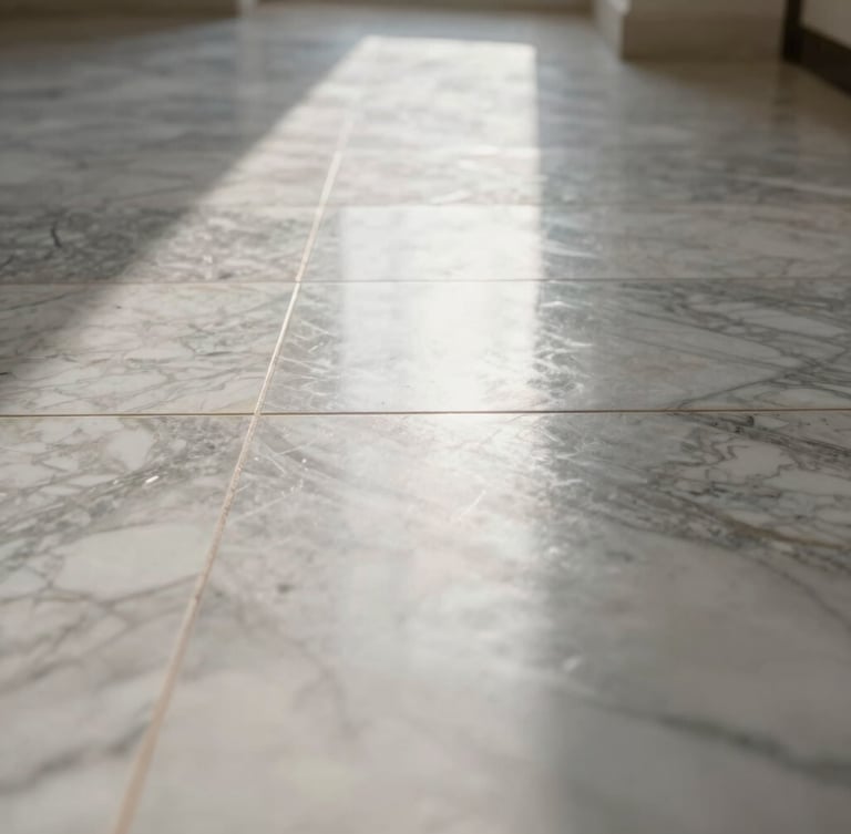Macro low-angle architectural shot of a restored luxury marble floor with sharp, mirror-like reflection lines of coastal sunlight, high specular highlights, clean and pristine.
