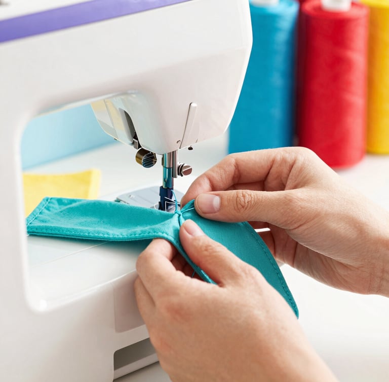 Close-up of hands carefully stitching a turquoise pet bandana on a sewing machine, colorful fabric rolls in the background, bright natural daylight