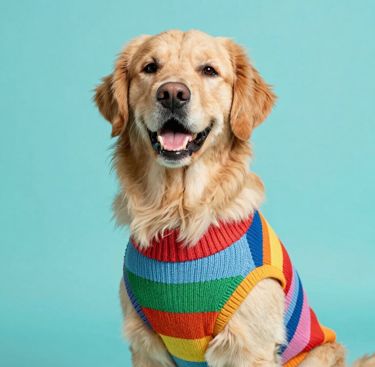 Eye-level shot of a happy golden retriever wearing a custom-tailored colorful knit sweater, bright high-key studio lighting, turquoise background, sharp focus