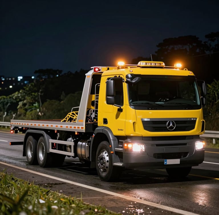 Dramatic night-time action shot of a modern flatbed tow truck with amber emergency beacons flashing, parked on a wet Brazilian highway shoulder, sharp focus, 35mm lens