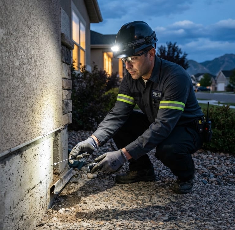 Professional pest control technician in clean uniform inspecting the foundation of a West Valley City home at dusk, headlamp illuminating the work area, sharp focus on hands, crisp documentary photography, bright natural daylight, clean high-contrast tones, sharp focus, 35mm.