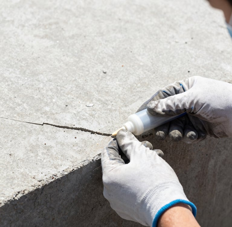 Close-up of a technician's gloved hands sealing a small crack in a concrete foundation with sealant, bright daylight, focus on the hands and crack.