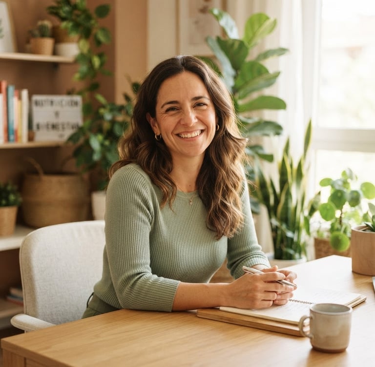 Retrato de una nutricionista sonriendo empáticamente, luz natural suave, vestimenta profesional cómoda, en un espacio de consulta luminoso, con plantas al fondo.