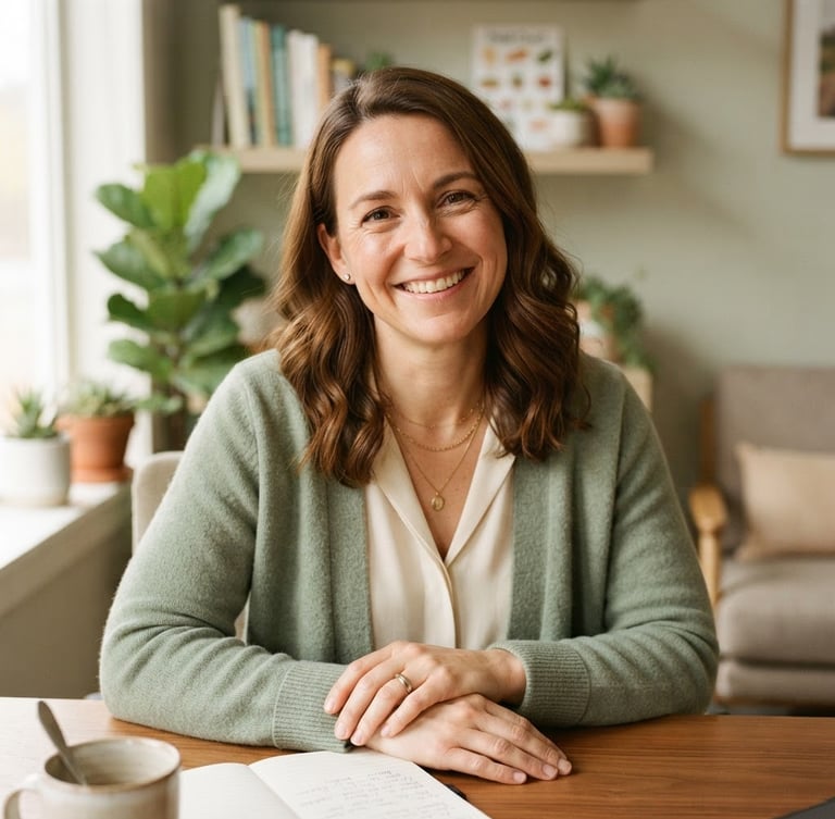 Portrait of a female dietitian-nutritionist, mid-30s, with a warm, empathetic smile, wearing comfortable professional attire, looking directly at the camera. Soft natural morning light, muted earth and sage tones, shallow depth of field, bright consultation space in the background.