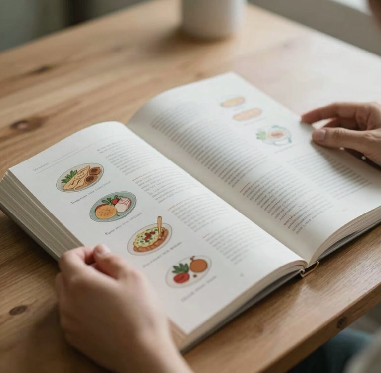 Close-up of hands holding a scientific journal open to a page with food illustrations and text, on a wooden desk. Soft natural morning light, muted earth and sage tones, shallow depth of field.