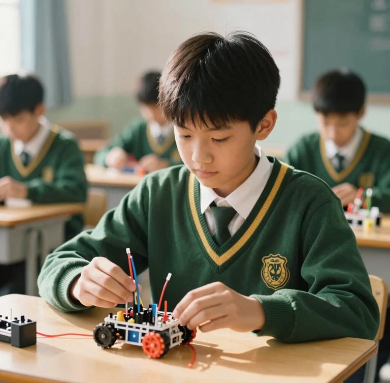 Warm editorial portrait of a student working with a robotics kit in a bright, sunlit classroom, 35mm photography, shallow depth of field, green and gold school uniform accents.