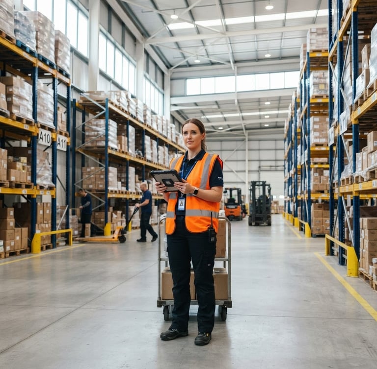 Bright commercial warehouse with organized cargo racks, clean concrete floors, professional logistics coordinator in a safety vest holding a tablet, natural daylight streaming through high windows.