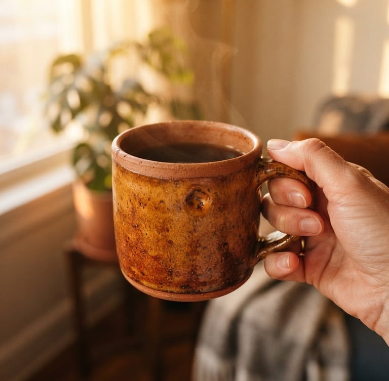 Close-up of a hand holding a warm terracotta ceramic mug with visible thumbprints, soft golden-hour window light, shallow depth of field