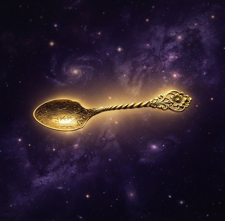 Dramatic cinematic photography of a single ornate golden spoon floating in mid-air, glowing gold halos, deep cosmic purple background, high contrast chiaroscuro lighting, 35mm lens