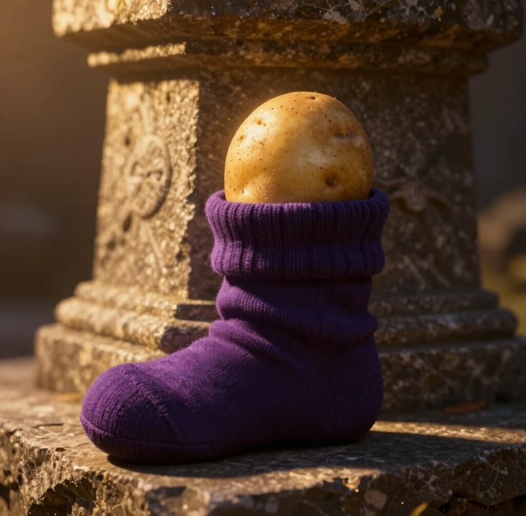 Extreme close-up of a rustic potato resting inside a dark purple sock on a stone altar, dramatic golden backlighting, chiaroscuro