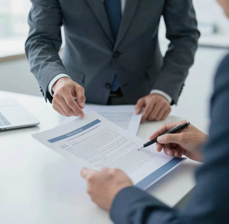 Professional interaction in a modern, bright office, two people reviewing official documents, close-up on hands and documents, cool blue and grey tones, sharp focus, 35mm lens