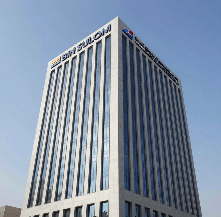Exterior shot of Bin Suloom Building, Hor Al Anz, Dubai, with 'Land Mark Documents Clearing Services' signage visible, bright morning daylight, clear sky.