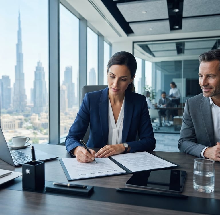 Modern Dubai corporate office environment, bright and clean, with a professional signing documents, cool blue and grey tones, sharp focus, 35mm lens