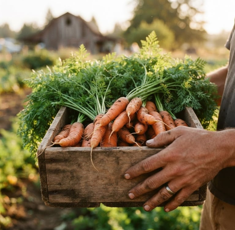 Warm editorial photography, close-up of hands holding a wooden crate filled with fresh Snohomish County carrots and greens, natural golden-hour daylight, shallow depth of field, 35mm film.
