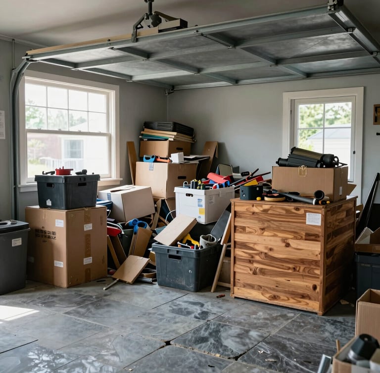 Documentary shot of a cluttered residential garage filled with old boxes and dusty tools, contrasted with natural light coming from the side window, realistic mess