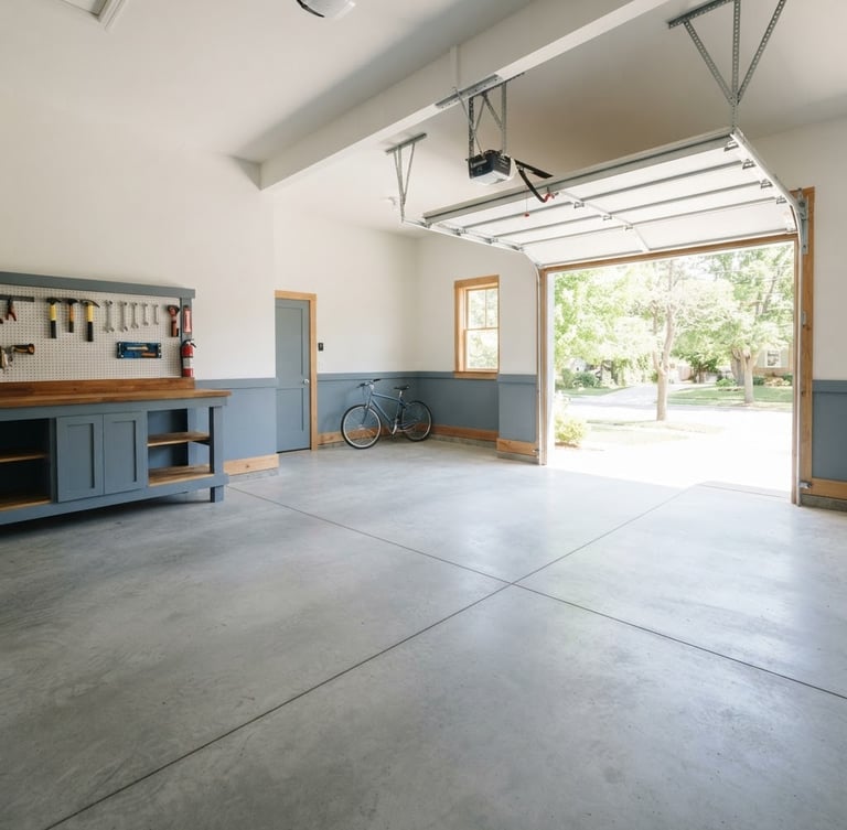 Wide-angle clean documentary photograph of a spacious, empty garage with pristine concrete floors, bright natural daylight streaming through the open door, slate blue accents