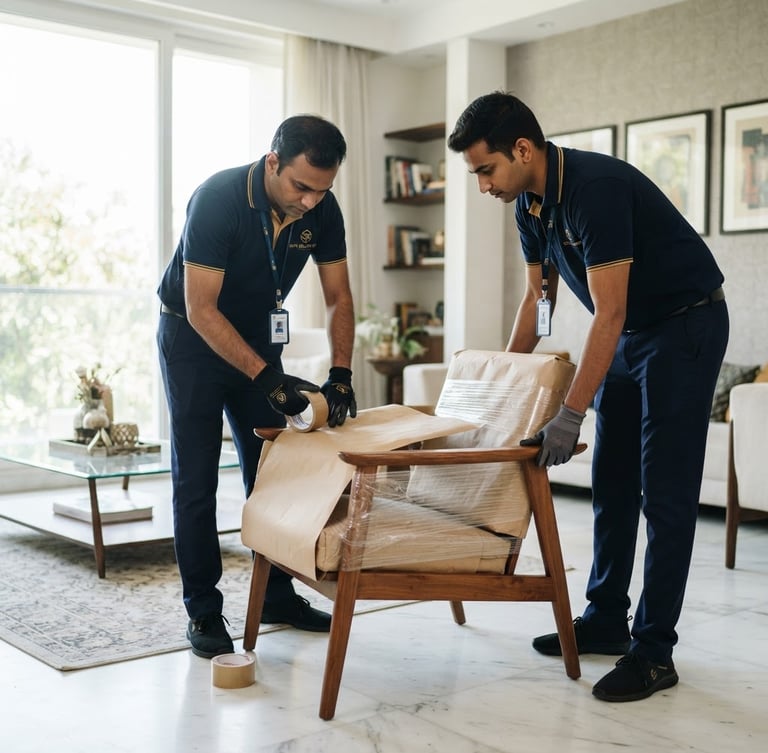 Professional packers and movers in uniform carefully wrapping furniture in a modern Indian home, bright natural daylight, corporate navy and gold accents, sharp focus, editorial style.