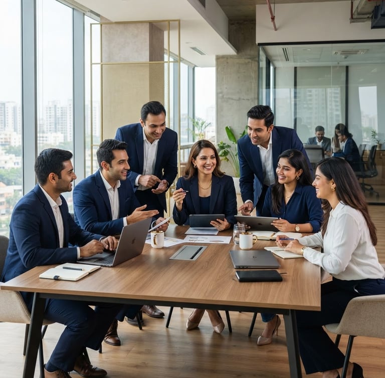 Professional Indian business team collaborating in a modern, bright office, high-key corporate lighting, medium shot, clean architectural interior, subtle gold accents.