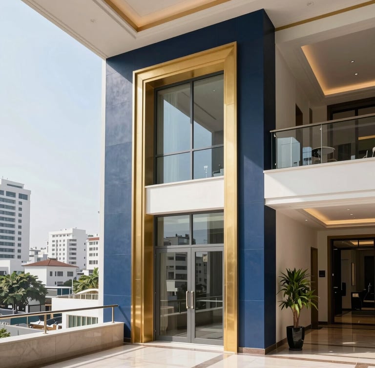 Clean professional photography of a modern, well-lit interior of a luxury apartment in an Indian metro city, showing architectural details and expansive views. Bright natural daylight, corporate navy and gold accents, sharp focus, editorial style. Aspect: portrait.