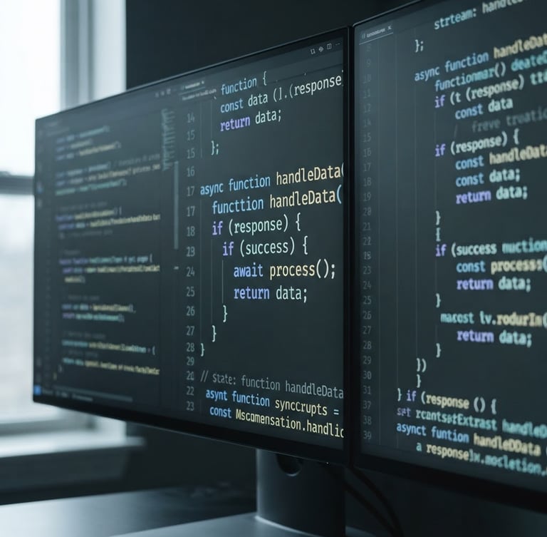 Macro shot of a clean code environment on dual monitors, cool natural daylight, desaturated slate tones, sharp focus, 50mm lens