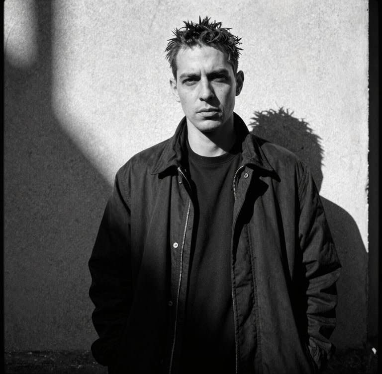 High-contrast black and white vertical portrait of a subcultural figure standing in a stark Berlin alleyway, harsh direct sunlight casting deep shadows, visible film grain and raw edge.