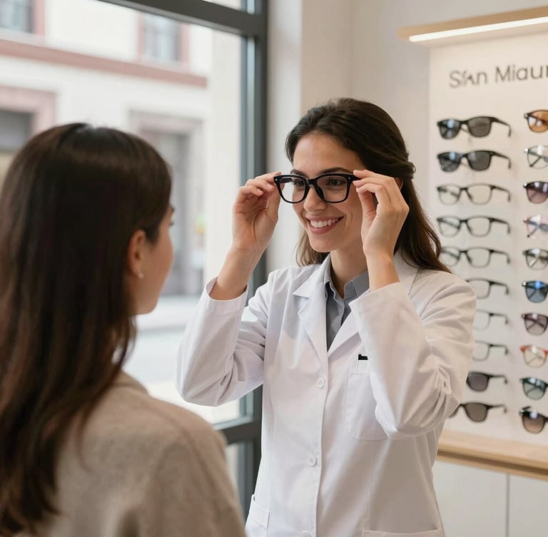 Medium shot of a friendly female optometrist adjusting modern stylish glasses for a patient in a bright, clean optical shop, warm natural light, San Miguel architecture visible through the window.