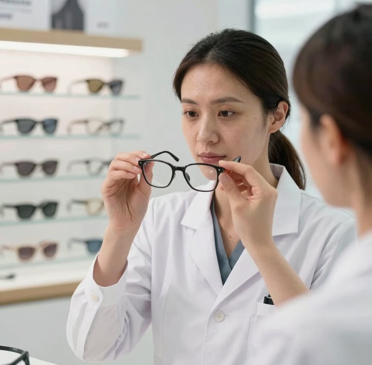 A professional female optometrist demonstrating how to clean a pair of glasses, bright clinical-retail hybrid setting, natural light.