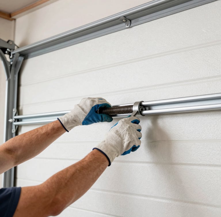 Medium shot of hands in heavy-duty work gloves adjusting high-tension springs on a garage door track, bright natural garage lighting, sharp focus