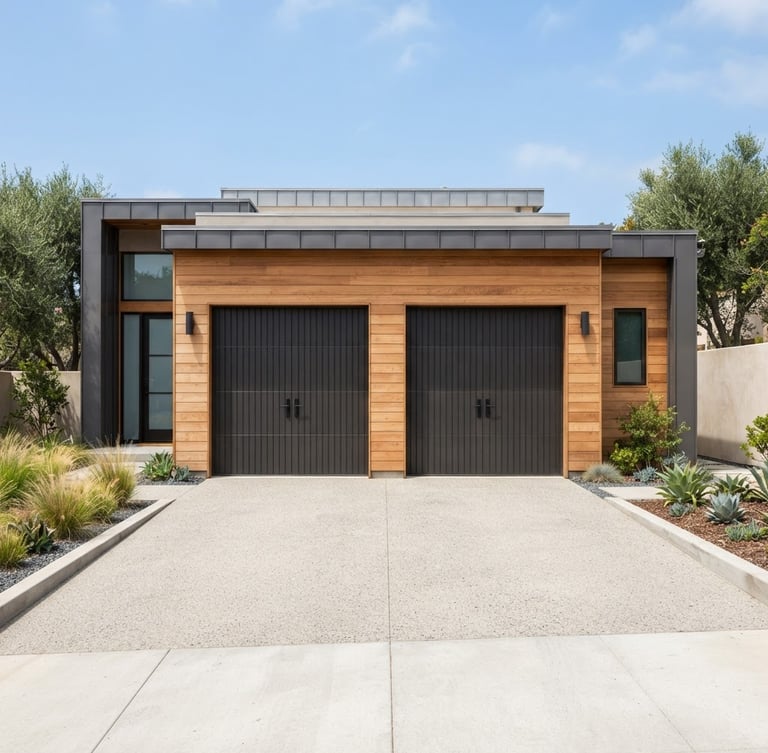 Straight-on architectural shot of a clean modern garage exterior in bright natural daylight, crisp focus, 35mm lens