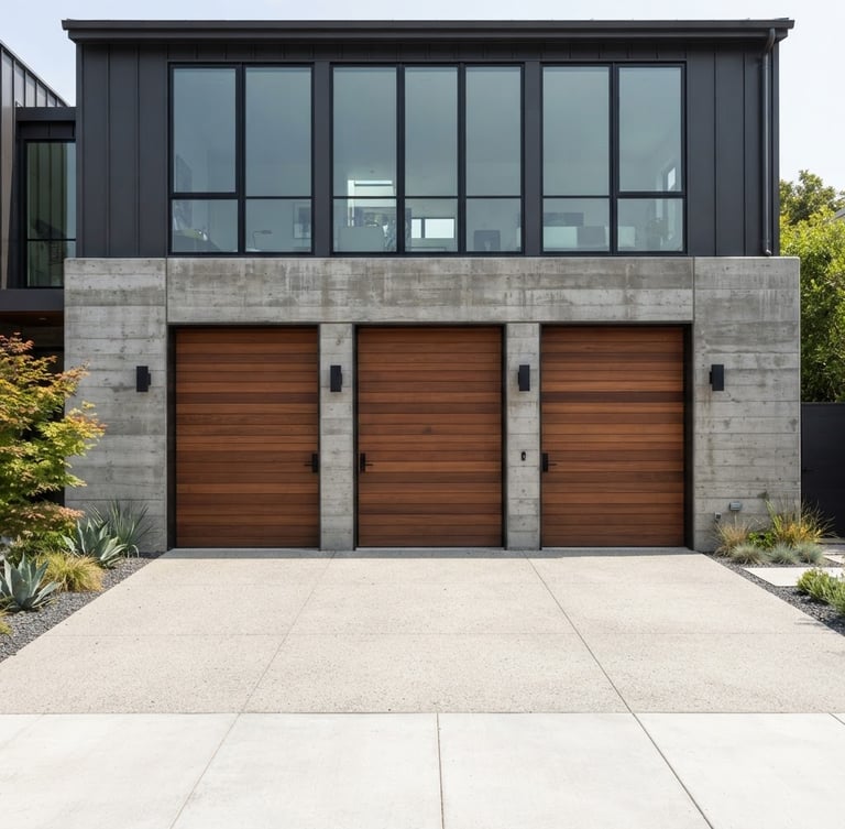 Straight-on architectural shot of a modern residential garage exterior, bright natural daylight, clean industrial tones, sharp focus, 35mm lens