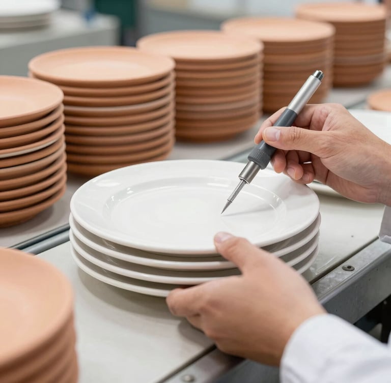 Close-up of a quality control technician inspecting a stack of ceramic plates on a conveyor belt, bright industrial light, clean environment, focus on precision tools and the technician's hands, industrial editorial photography, warm terracotta and clean white tones, sharp focus, 35mm