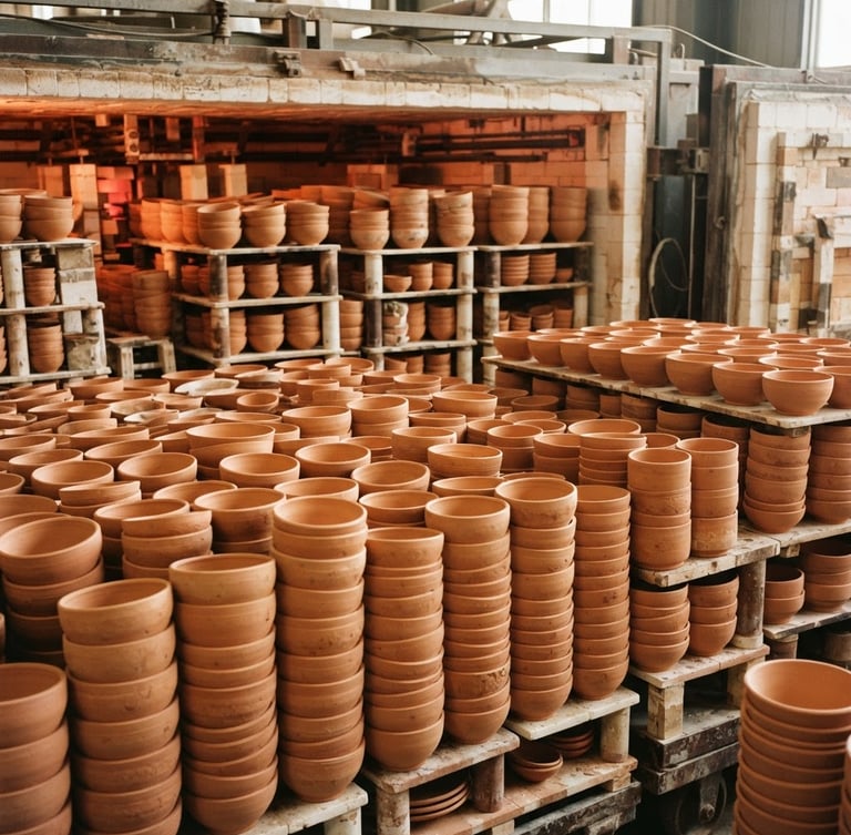 Wide shot of stacked, unglazed terracotta bowls in a commercial kiln, warm industrial light, focus on texture and volume.