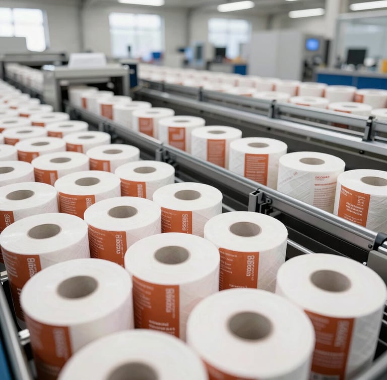 Wide shot of a modern high-speed tissue packaging line wrapping retail toilet rolls in custom branded film, bright natural warehouse light, sharp focus, 35mm