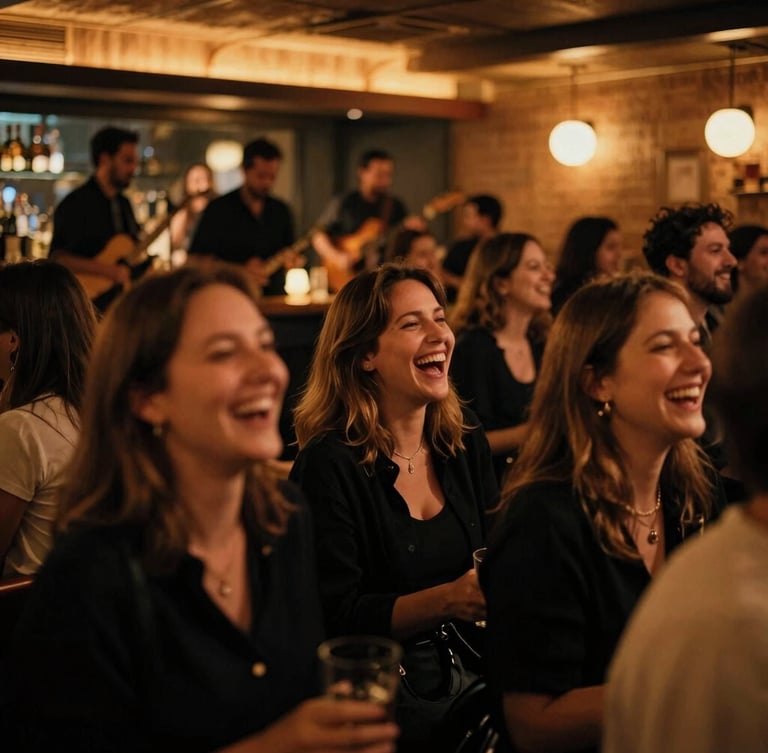 A lively crowd laughing under warm amber lighting at a modern bar, musicians blurred in the background, candid 35mm film style