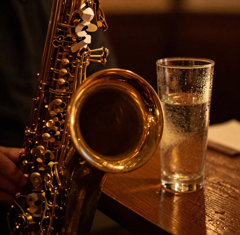 Close-up of a brass saxophone bell reflecting warm golden stage lights, with a condensation-rimmed highball glass sitting on a dark wooden table in the soft-focus background.