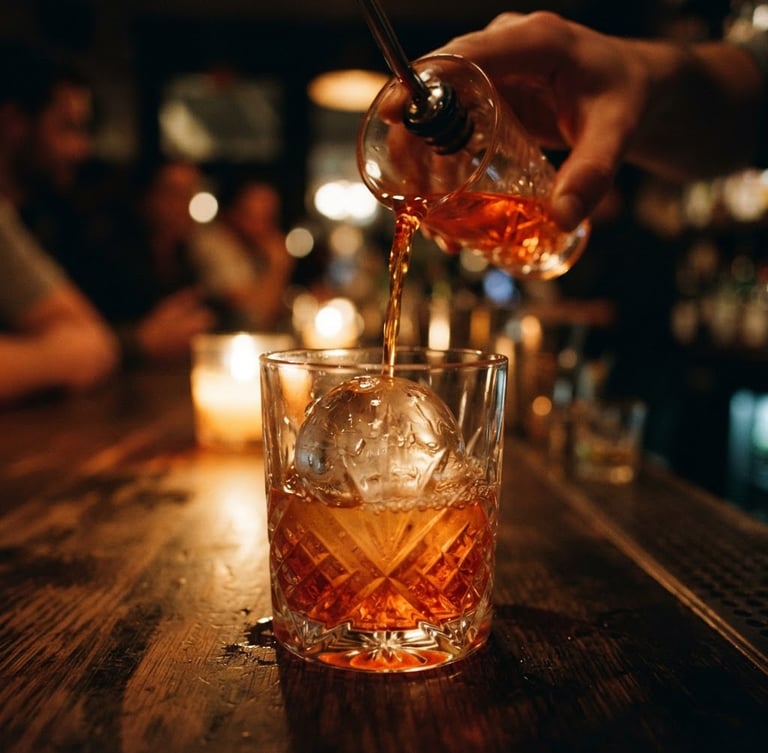 Close-up portrait of a vibrant cocktail being poured over hand-carved ice, warm amber evening light, shallow depth of field, 35mm film style