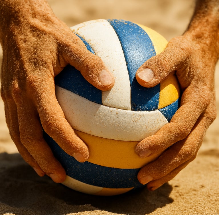 Dynamic close-up of sand-covered hands gripping a volleyball, bright outdoor sunlight casting sharp shadows, shallow depth of field