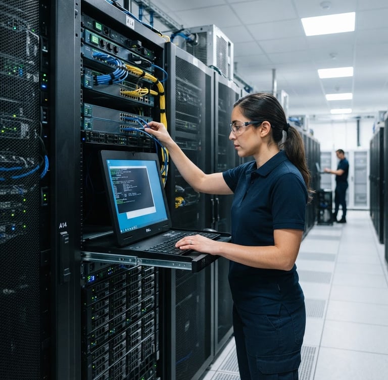 Technician configuring a server rack in a clean, modern data center, bright indoor utility lighting, cool blue and metallic tones, sharp focus.
