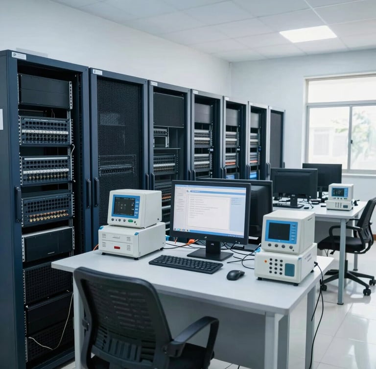Clean, brightly lit interior of Amrita Electronics' facility in Amritapuri, Kollam, Kerala, showing organized server racks, technical workstations, and diagnostic equipment, cool blue and metallic tones.